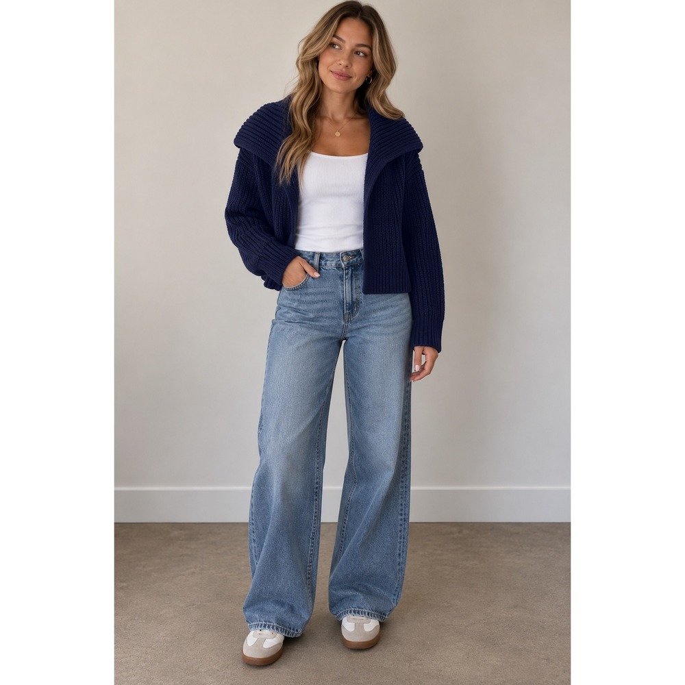 Talbots Navy Blue Chunky Shaker Knit Open Front Shawl Collar Cardigan Petite M